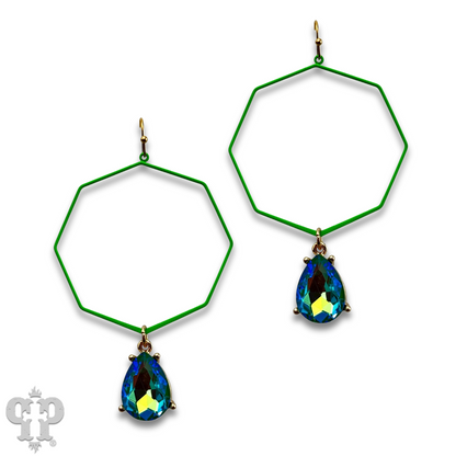 Neon octagon earring with rhinestone teardrop charm