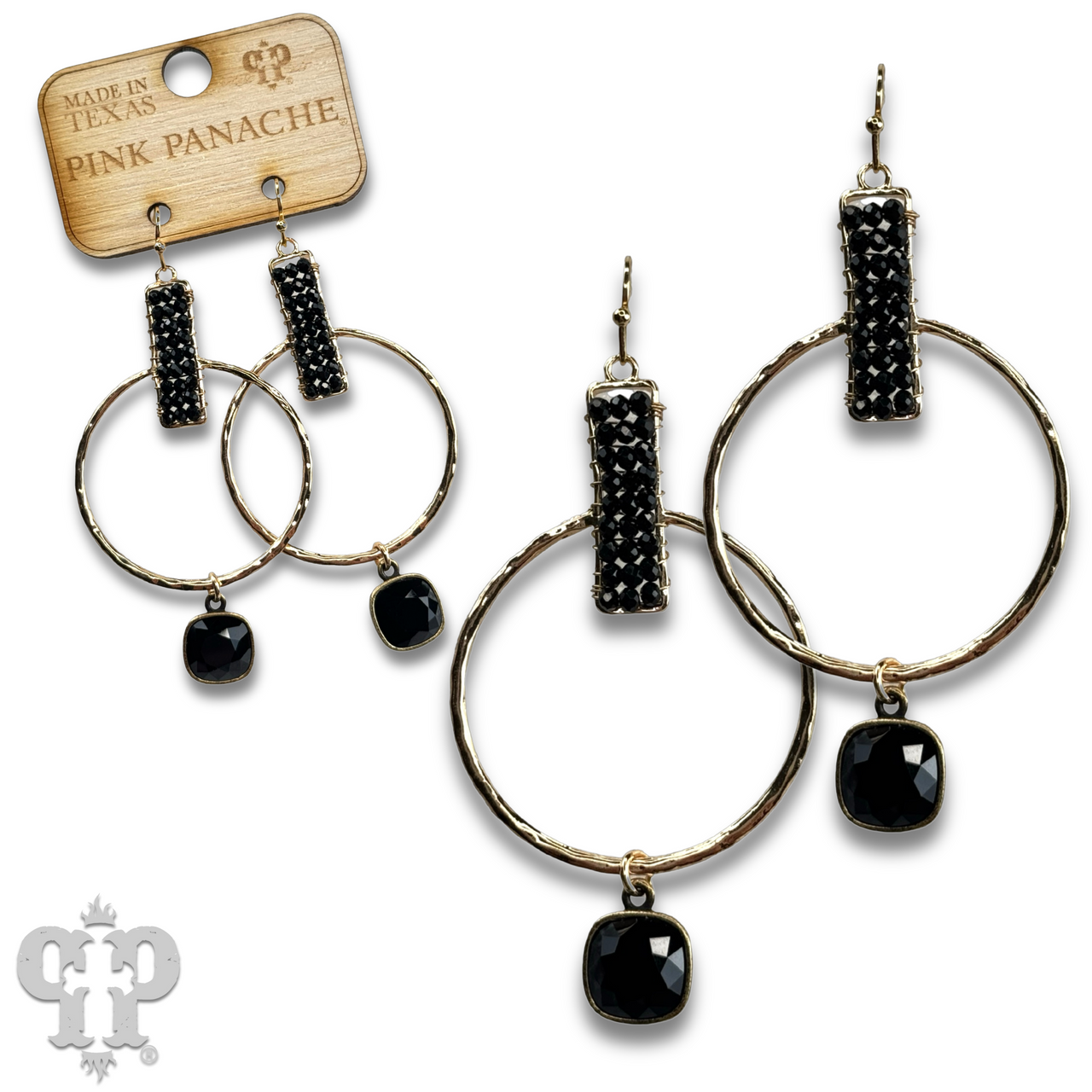 Twisted gold tone circle and seed bead earring with Austrian crystal