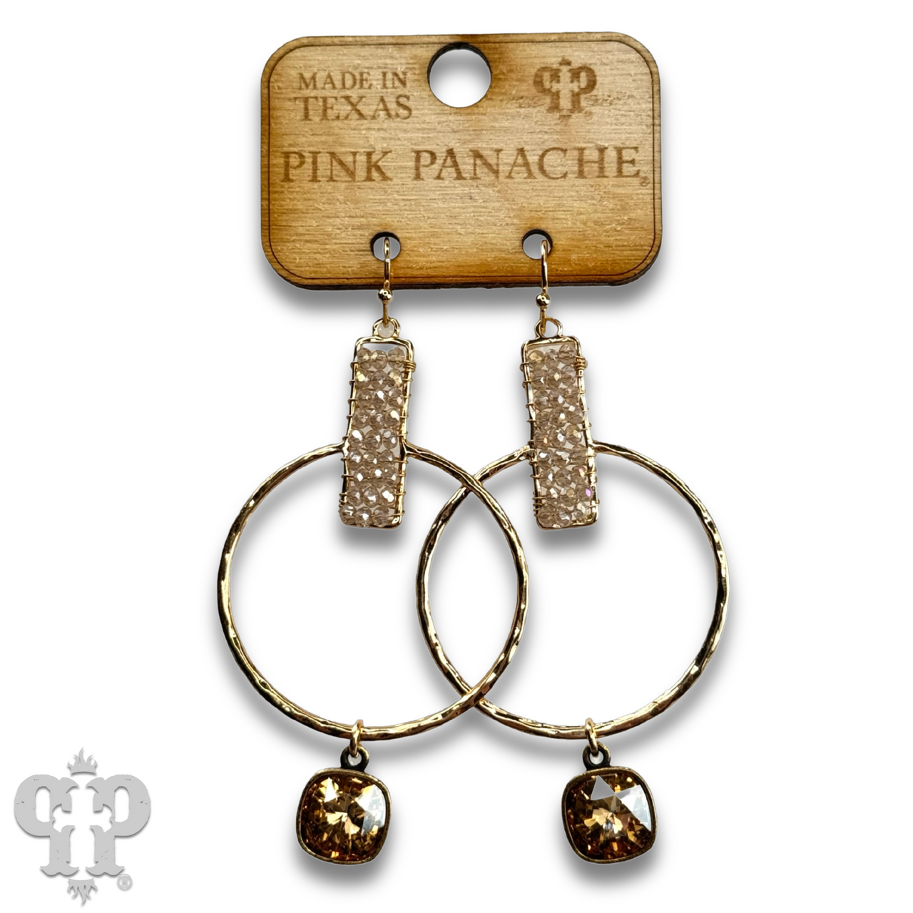 Twisted gold tone circle and seed bead earring with Austrian crystal