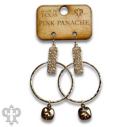 Twisted gold tone circle and seed bead earring with Austrian crystal