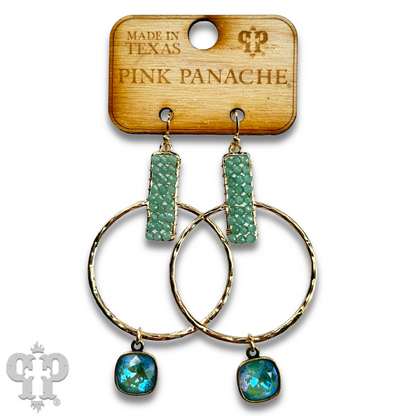 Twisted gold tone circle and seed bead earring with Austrian crystal