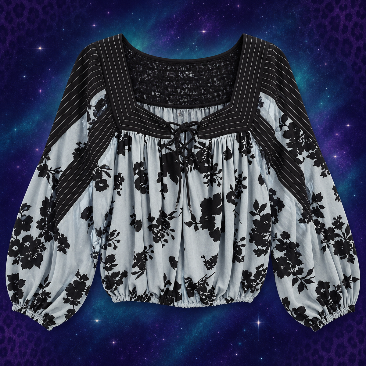 Gimmicks black and pale blue floral lace-up peasant top size XS flat lay