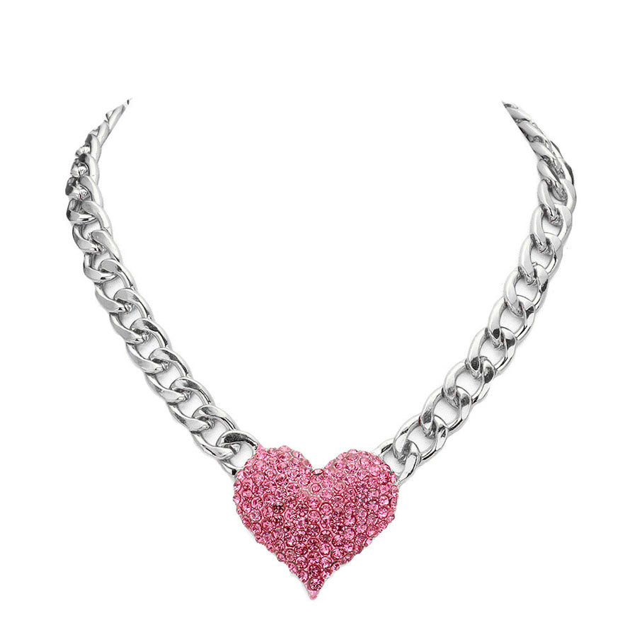 Heart Rhinestone Pave Chunky Metal Chain Necklace