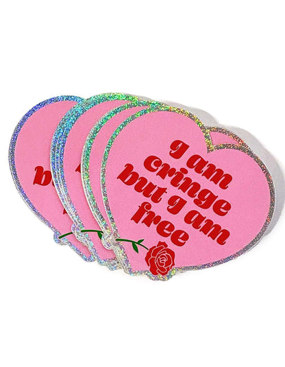 Holographic Glitter Heart Sticker – I Am Cringe But I Am Free Vinyl Sticker