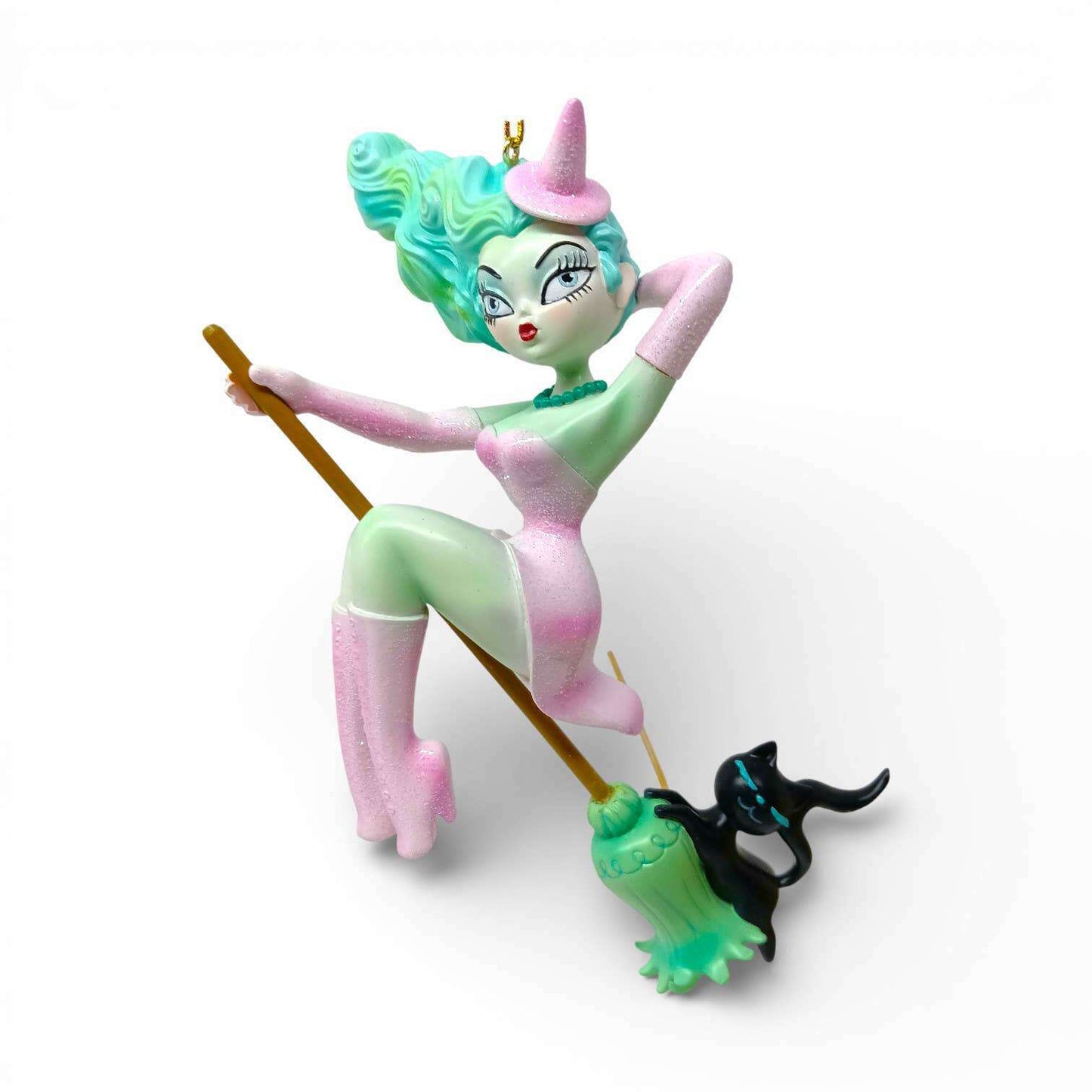 Loretta 6.5" Pastel Candy Witch on Broom Ornament | Miss Fluff December Diamonds
