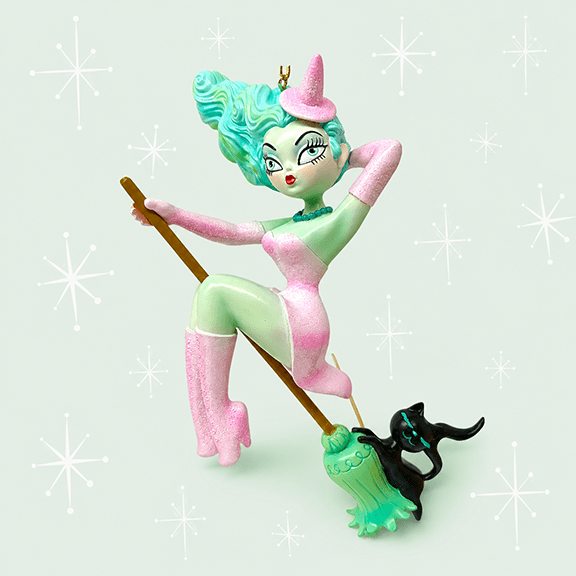Loretta 6.5" Pastel Candy Witch on Broom Ornament | Miss Fluff December Diamonds