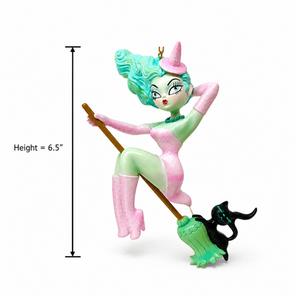Loretta 6.5" Pastel Candy Witch on Broom Ornament | Miss Fluff December Diamonds