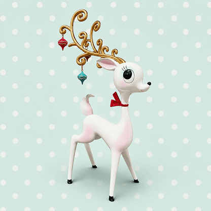 Miss Fluff 21" Retro White Miss Deer With Ornament Antlers Christmas Decor *SHIPS JULY