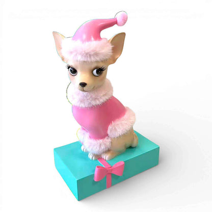 Sophie the Chiwee 11.5" Chihuahua in Pink Coat on Gift Box | Miss Fluff December Diamonds