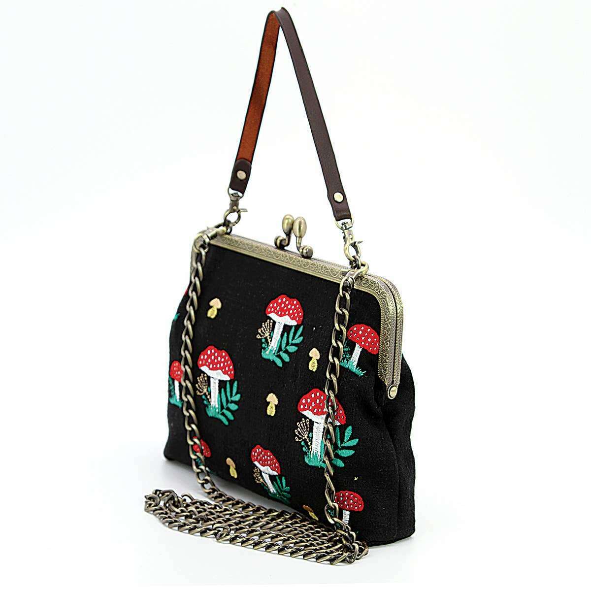 Mushrooms Kisslock Frame Handbag in Cotton: Black