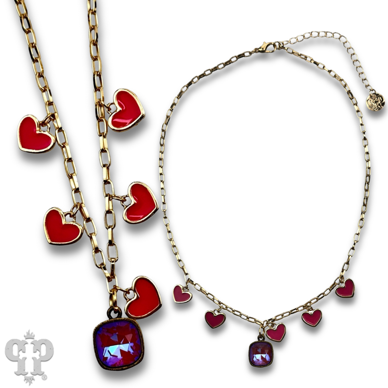 Enamel hearts and Austrian crystal chain necklace