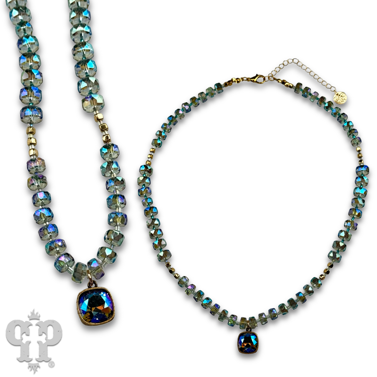 Faceted heishi bead necklace with Austrian crystal pendant
