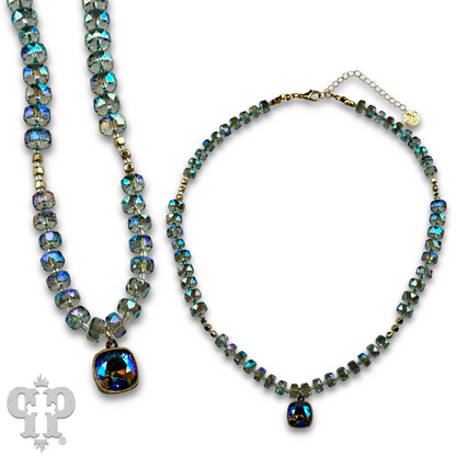Faceted heishi bead necklace with Austrian crystal pendant