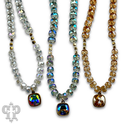 Faceted heishi bead necklace with Austrian crystal pendant