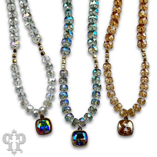 Faceted heishi bead necklace with Austrian crystal pendant