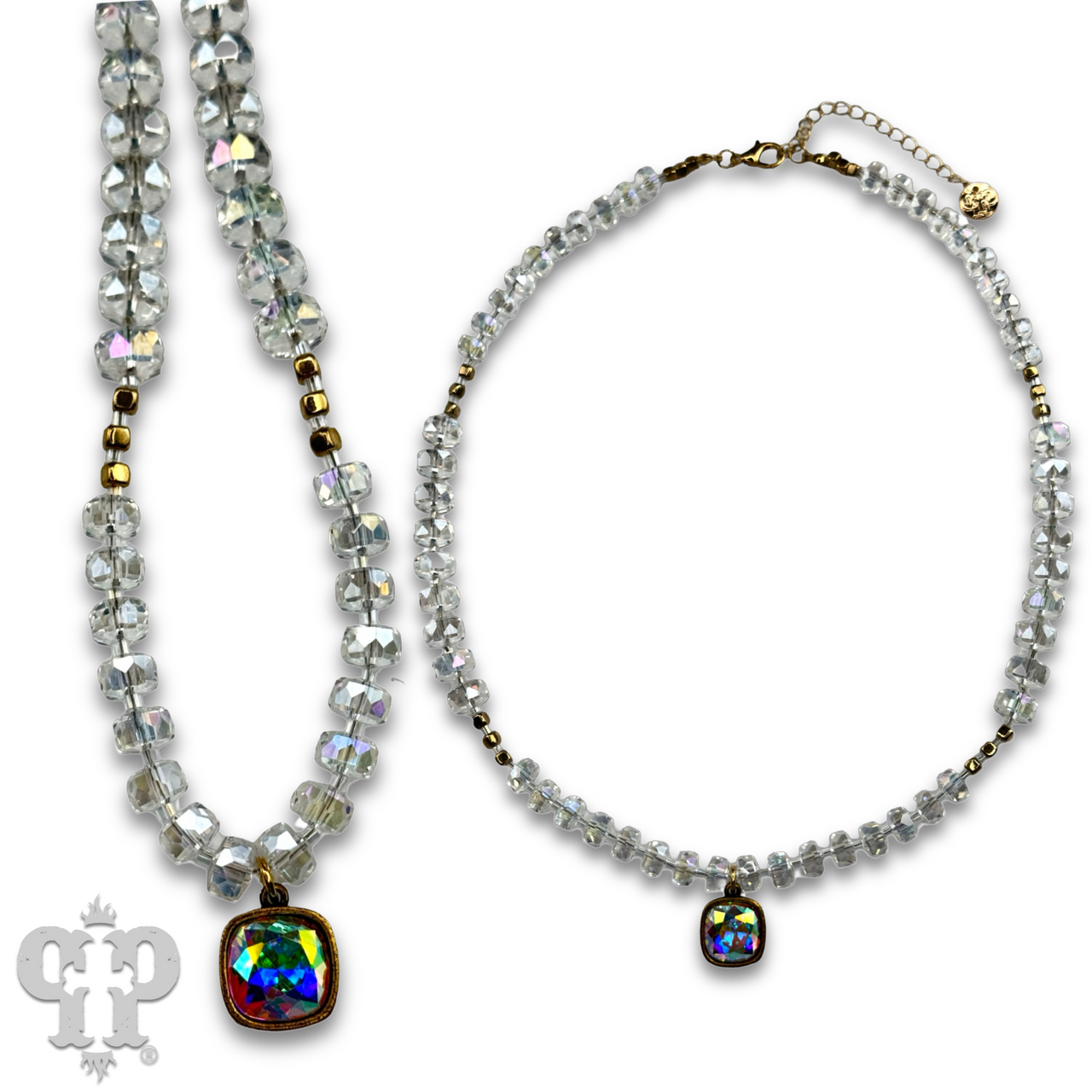 Faceted heishi bead necklace with Austrian crystal pendant