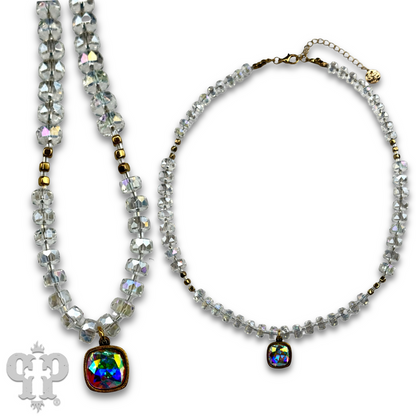 Faceted heishi bead necklace with Austrian crystal pendant