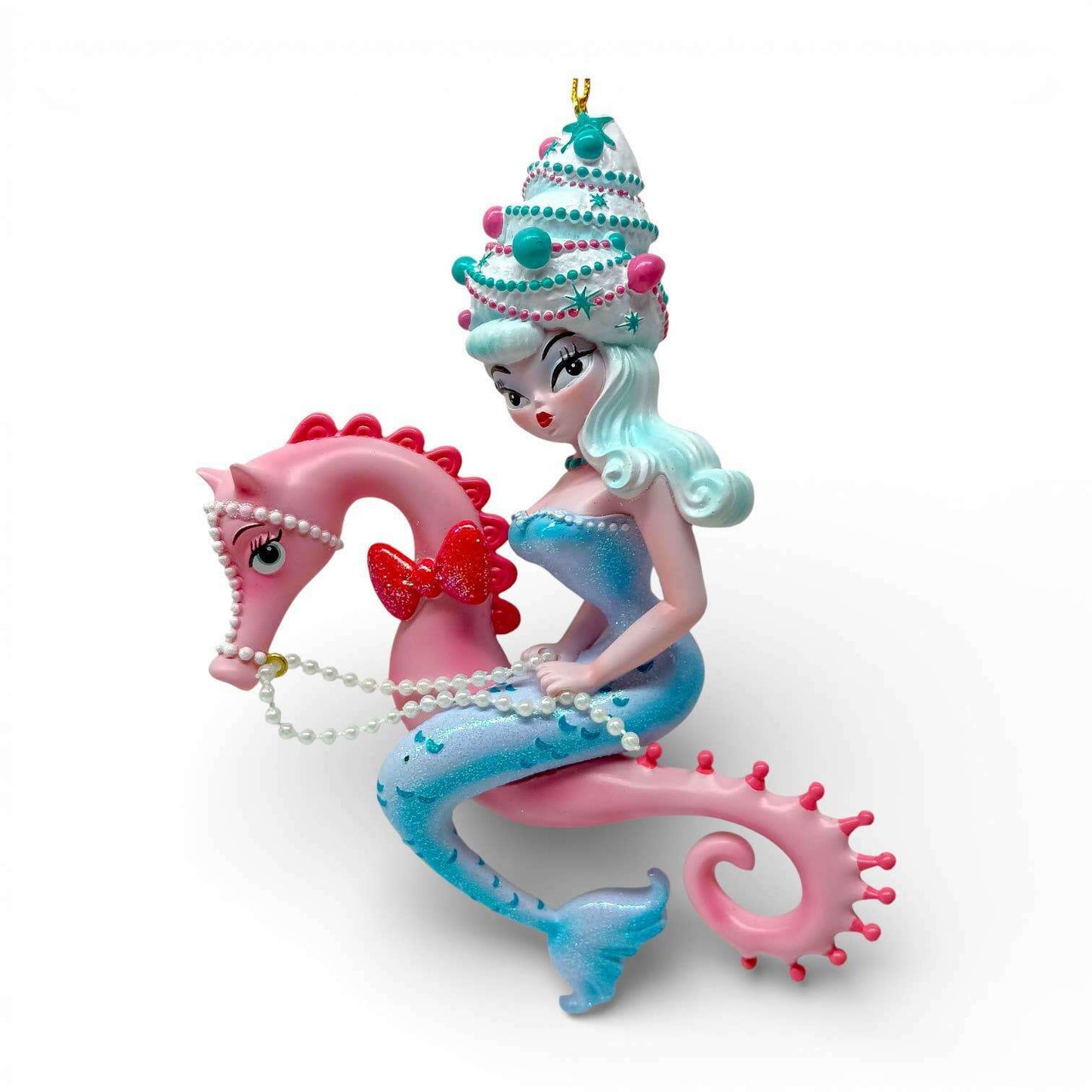 Nina Noelle 6.5" Blue Hair Bouffant Mermaid on Seahorse Ornament | Miss Fluff December Diamonds
