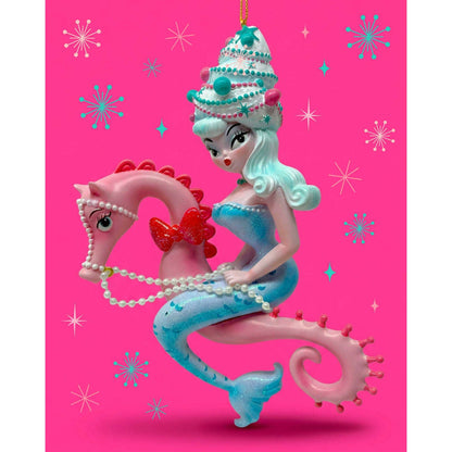Nina Noelle 6.5" Blue Hair Bouffant Mermaid on Seahorse Ornament | Miss Fluff December Diamonds