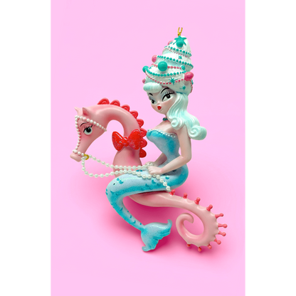 Nina Noelle 6.5" Blue Hair Bouffant Mermaid on Seahorse Ornament | Miss Fluff December Diamonds