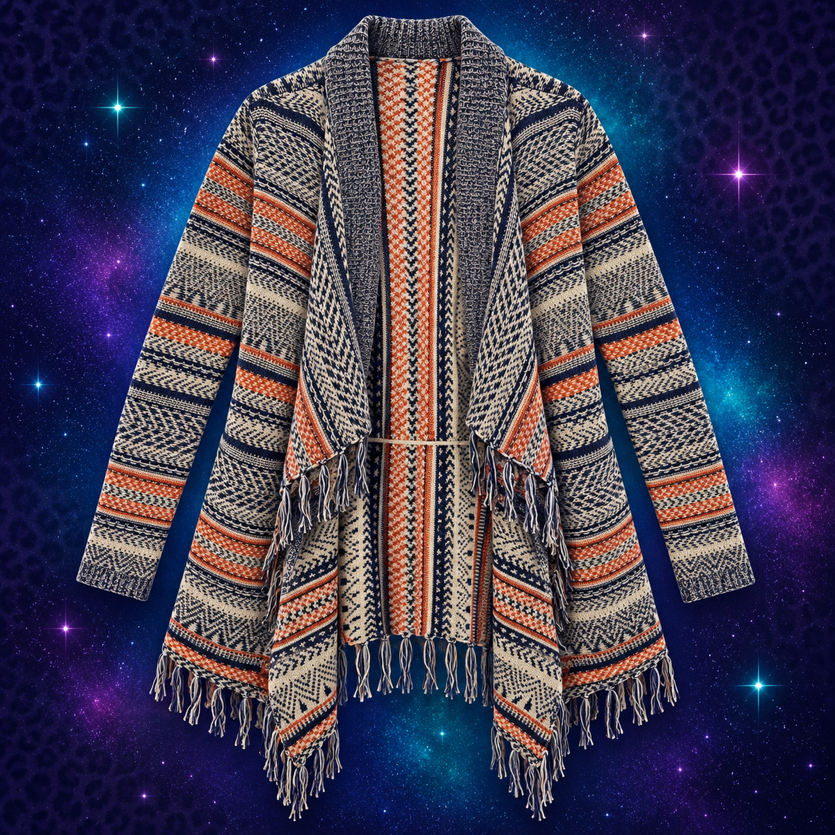 No Boundaries Southwestern fringe cardigan size small flat lay