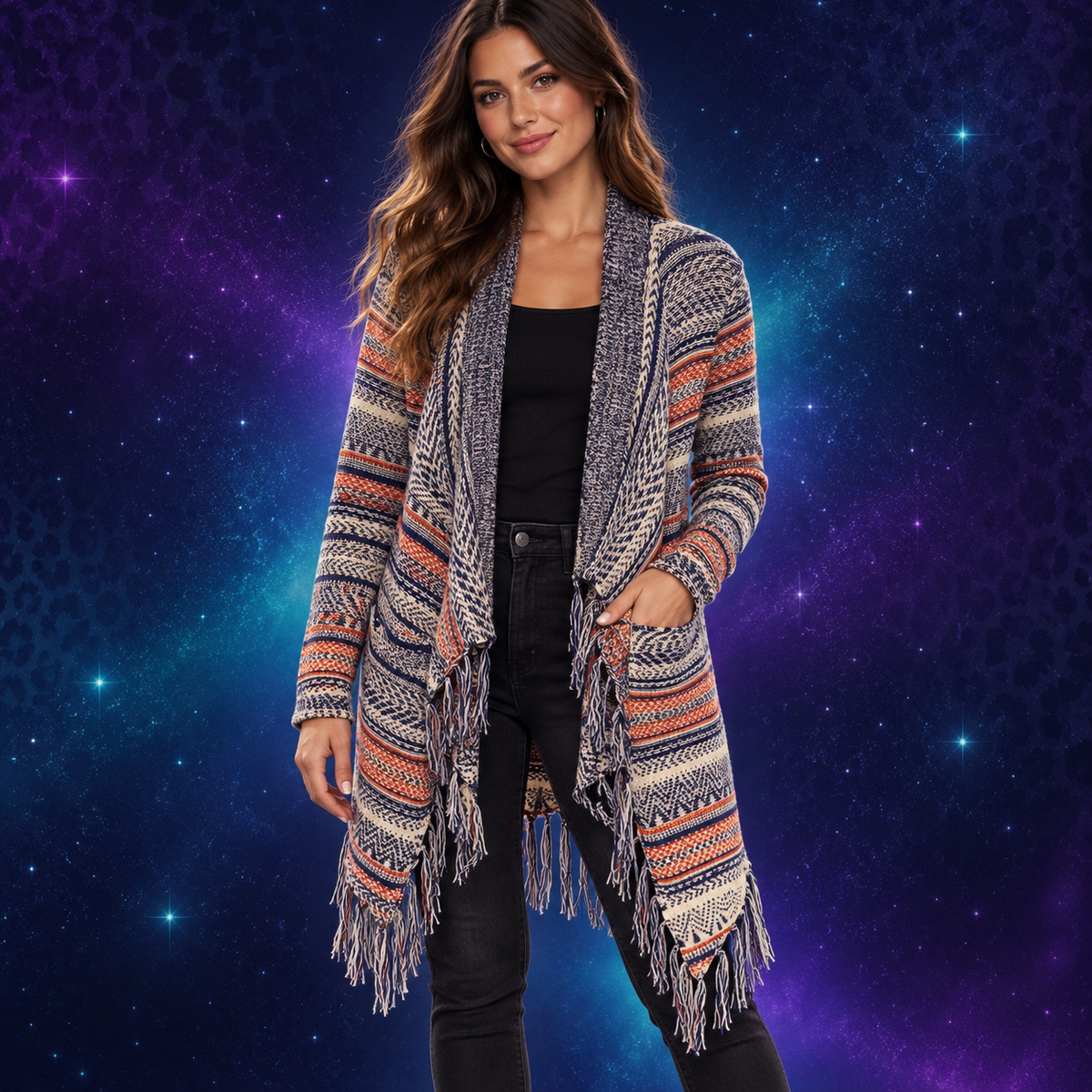 Model wearing No Boundaries Southwestern fringe cardigan size small