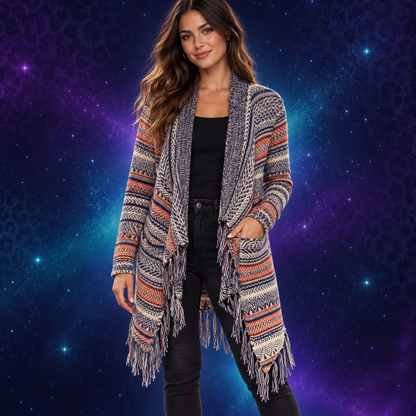 Model wearing No Boundaries Southwestern fringe cardigan size small