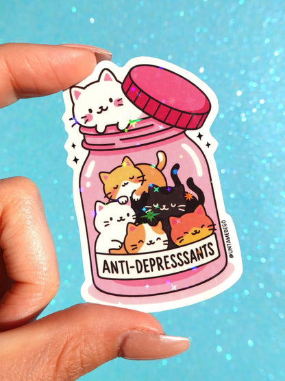 Anti-Depressants Cats Sticker – Cute Kawaii Glitter Vinyl Sticker