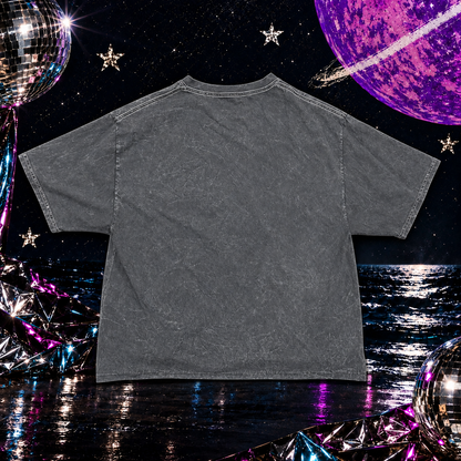 Back of AC/DC Highway to Hell charcoal mineral wash tee on Retro Reef cosmic background
