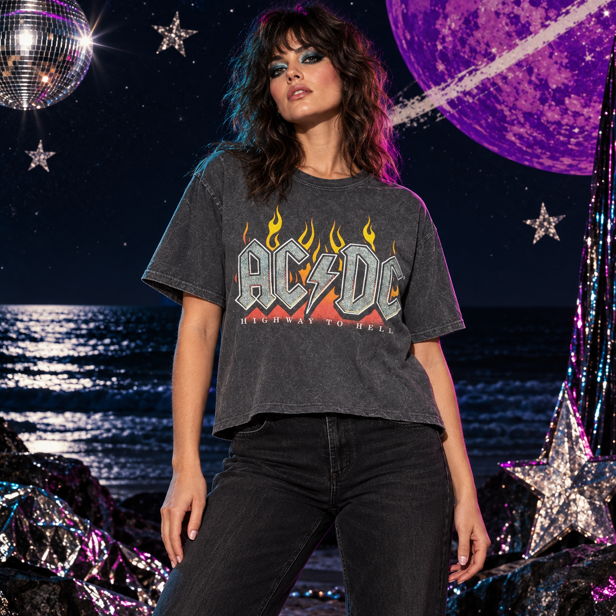 Model styling reference for AC/DC Highway to Hell charcoal tee