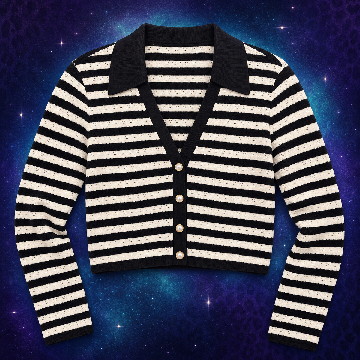 Avec Les Filles black and ivory striped pointelle cardigan size medium flat lay