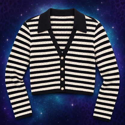 Avec Les Filles black and ivory striped pointelle cardigan size medium flat lay