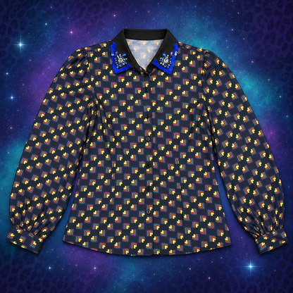 By Moon geometric print jeweled collar blouse front flat lay