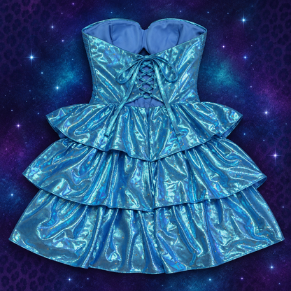 Back of custom turquoise rhinestone lace-up corset mini dress