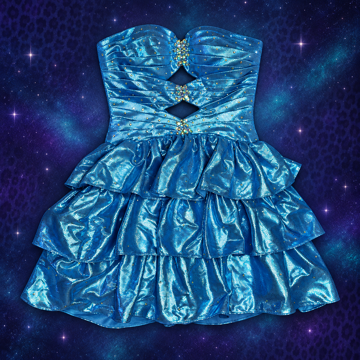 Front of custom turquoise rhinestone corset mini dress