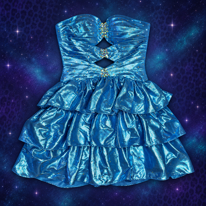Front of custom turquoise rhinestone corset mini dress
