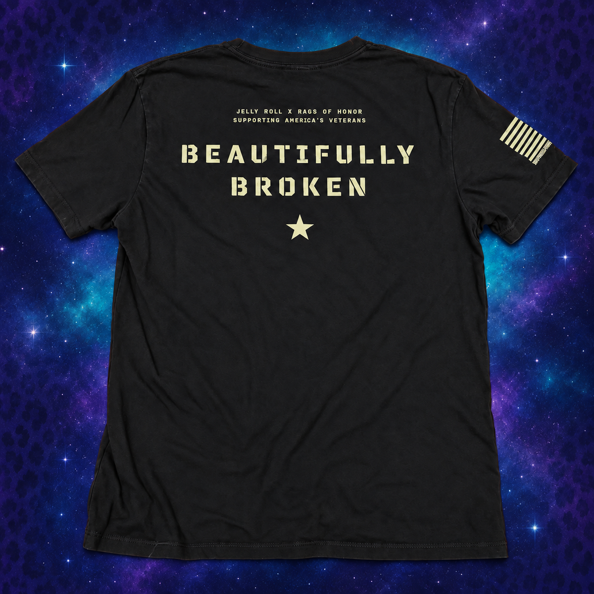 Back of black Jelly Roll Beautifully Broken Rags of Honor T-shirt