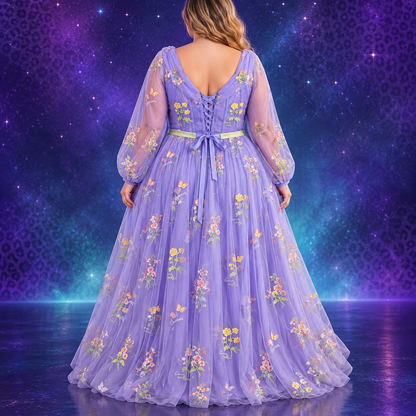 Back view of lavender embroidered corset tulle maxi dress fully laced size 14/16