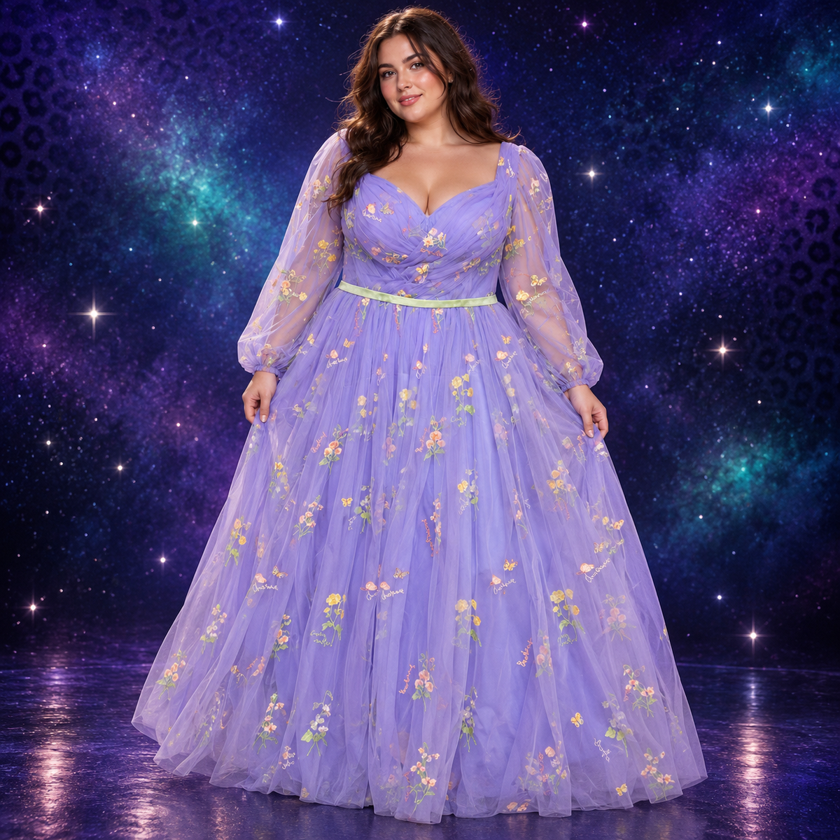Front view model wearing lavender embroidered corset tulle maxi dress size 14/16