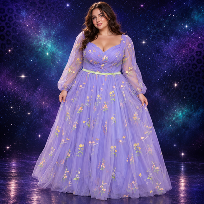 Front view model wearing lavender embroidered corset tulle maxi dress size 14/16
