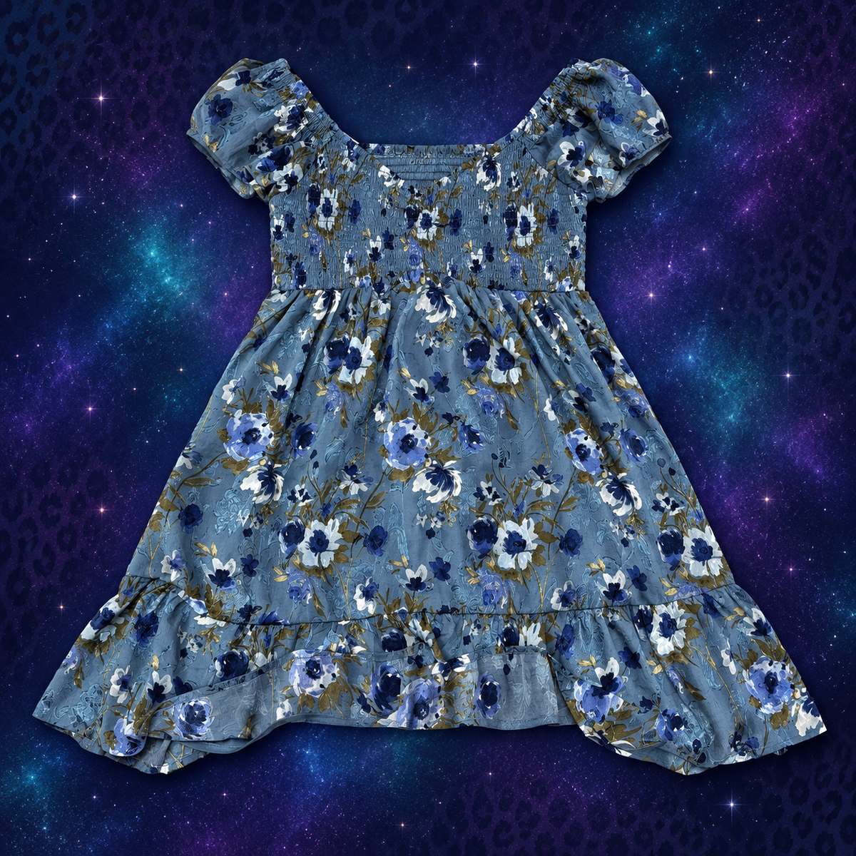 Thirty Thirty blue floral smocked dress size large flat lay