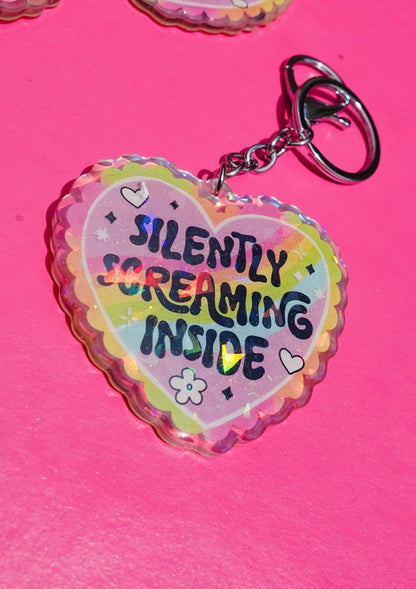 Silently Screaming Inside Holographic Heart Holographic Keychain