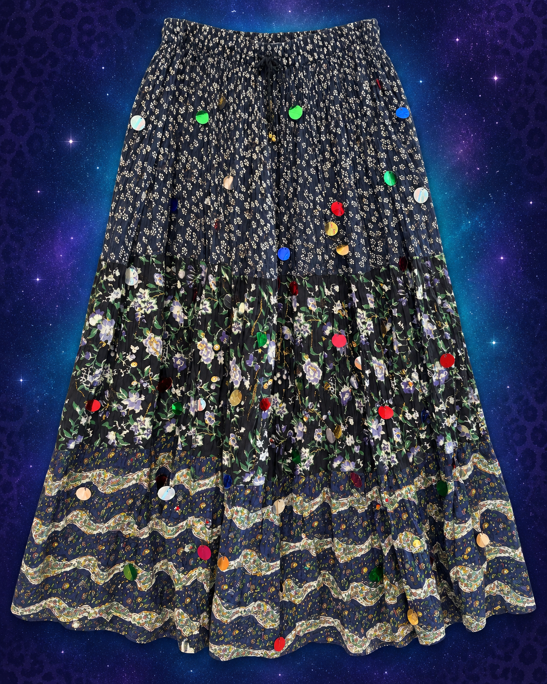 Midnight floral paillette maxi skirt flat lay