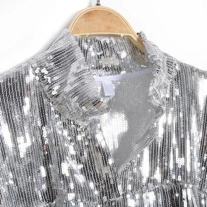 Sterlling Women's Tassel Sequin Jacket Autumn Winter Streewear Rock Stylish Long-sleeved Silver Reflective Jacket Women Outwear Tops
