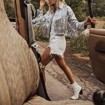 Sterlling Women's Tassel Sequin Jacket Autumn Winter Streewear Rock Stylish Long-sleeved Silver Reflective Jacket Women Outwear Tops