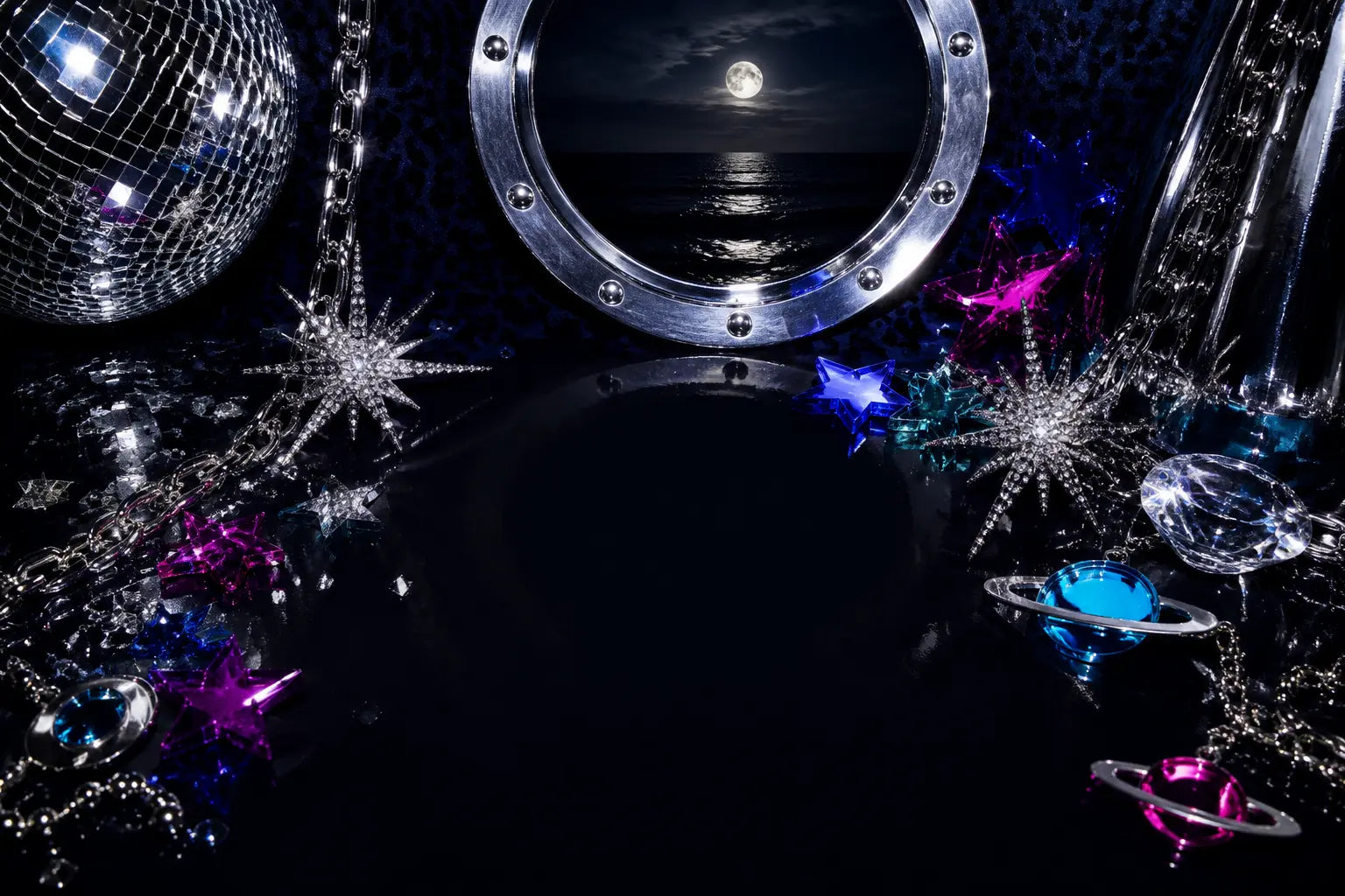 Chrome space-disco display overlooking the Cocoa Beach ocean at night